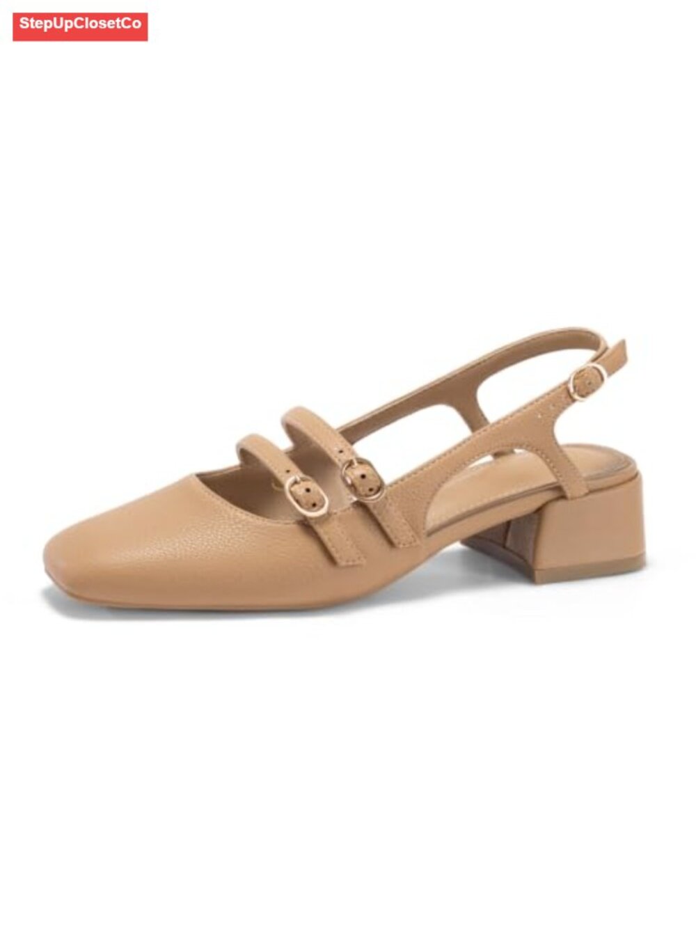 Women's Mary Jane Chunky Low Heels Slingback Pumps Closed Square Toe Faux